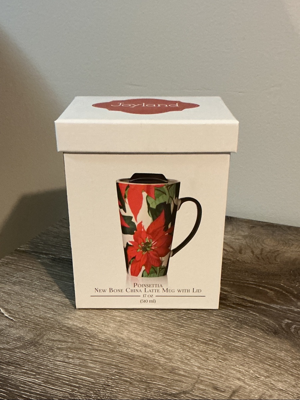 Joyland Poinsettia Red Bone China Latte Mug 17 oz New in Box LID NOT INCLUDED